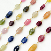 Multi Sapphire Rondel Faceted Gold Plated 925 Sterling Silver Wire Chain